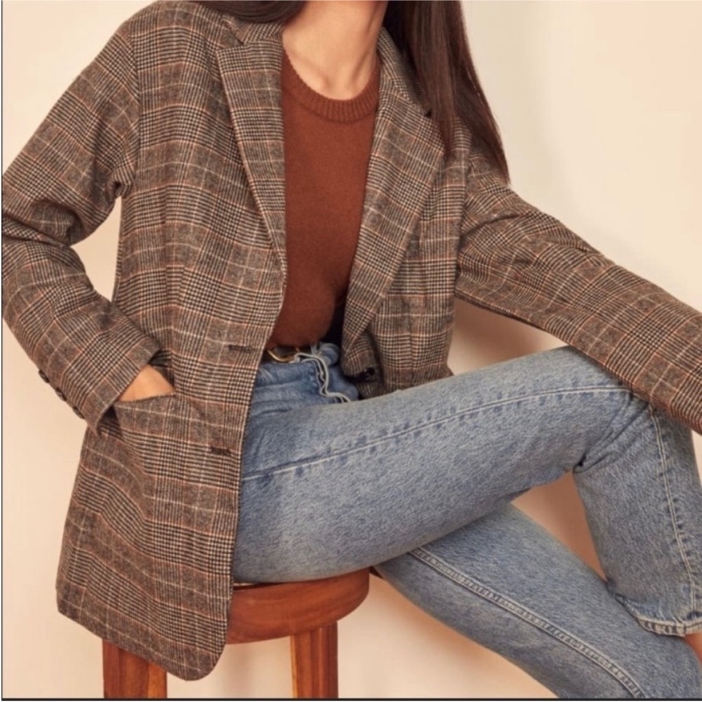 Reformation Broadfield Checked Plaid Oversized Blazer Jacket Grey Size XS - Picture 3 of 12